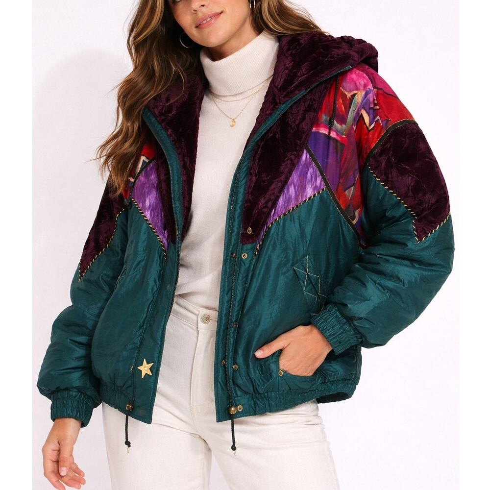 Vintage 90s Mulberry Street Patchwork Puffer Jacket L Green Y2K Retro Indie Art